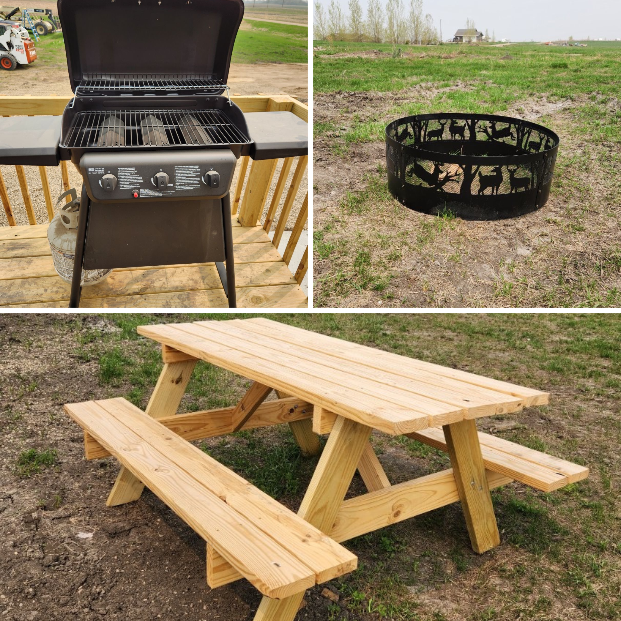 Restful Refuge cabin grill, fire pit, and picnic table by Devils Lake, North Dakota